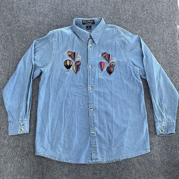 Tops - Women's Vintage 90's Embroidered Air Balloon Denim Rainbow Shirt Button Up 2XL